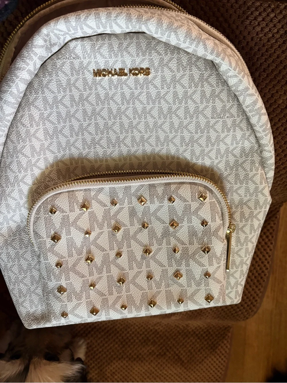 Michael Kors Cream Logo Studded Backpack with Gold Hardware